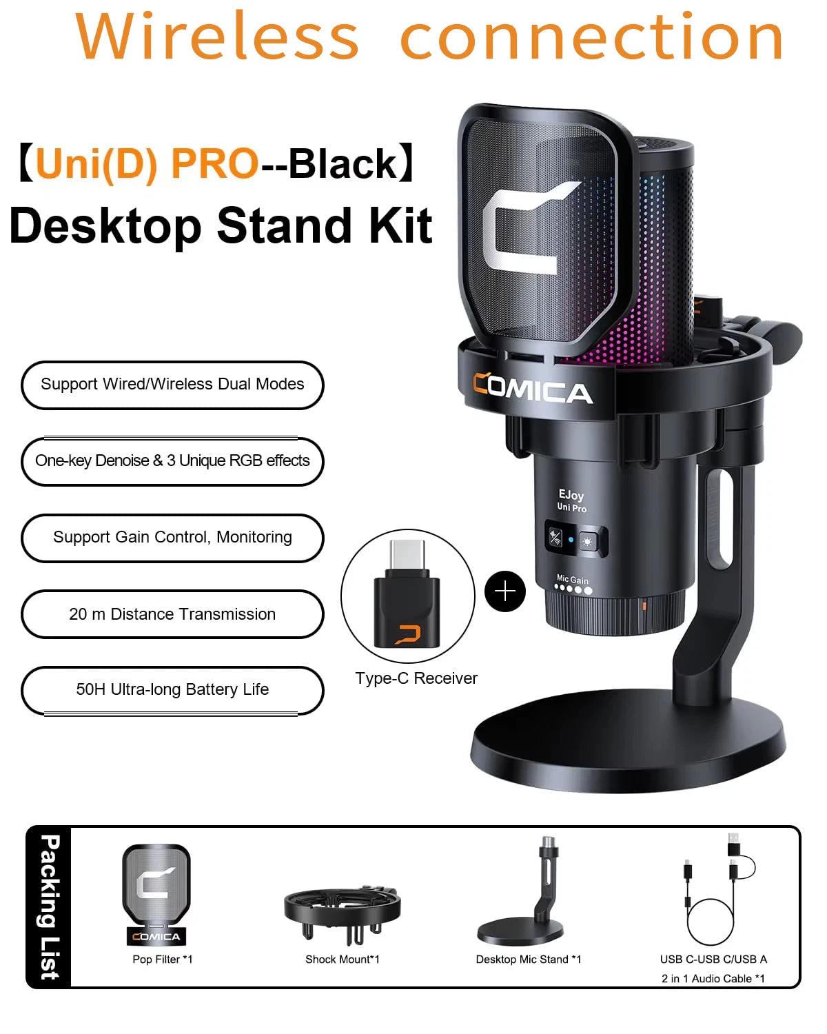 COMICA Uni Pro Wireless USB Gaming Microphone for PC Laptop Smartphone Noise Cancellation Condenser Mic with RGB Lights