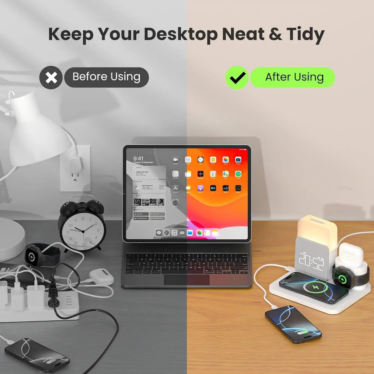 7-in-1 MagSafe Alarm Clock Charger-Wireless Station for iPhone 12-16/Samsung/Xiaomi/Huawei/Apple Watch/AirPods with Night Light