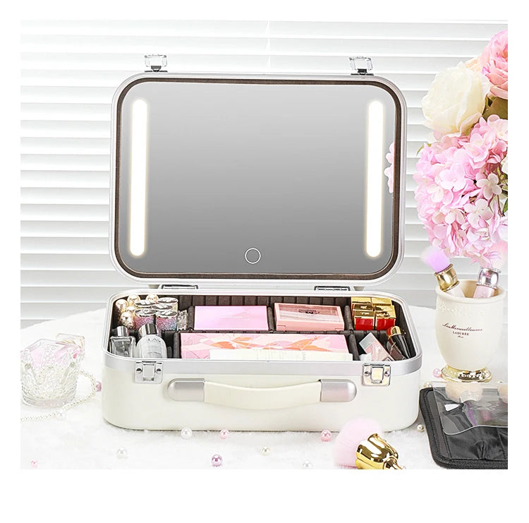 Lighted Makeup Case with Mirror - Portable Travel Makeup Organizer with LED Mirror, 3 Light Settings, Rechargeable Makeup Bag w