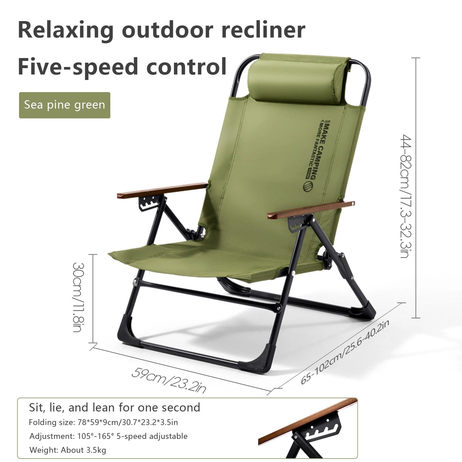 BSWOLF Camping Folding Chair Adjustable Armrest Portable Relaxing Chair With Detachable Pillow for Beach Travel Hiking