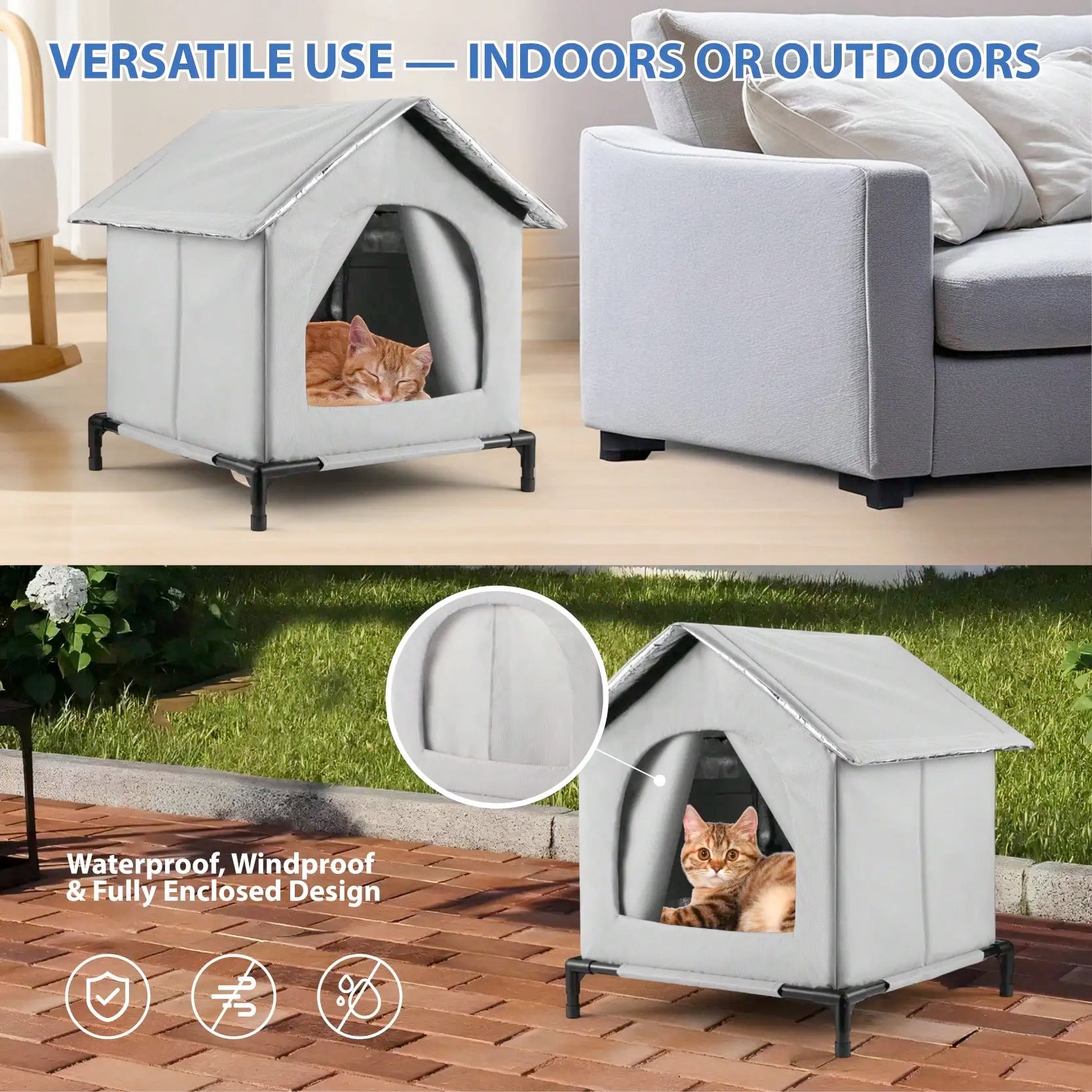 All-Season Waterproof Cat House with Ice Packs & Heating Bags, Foldable Shelter for Indoor & Outdoor Use, Available in 3 Sizes