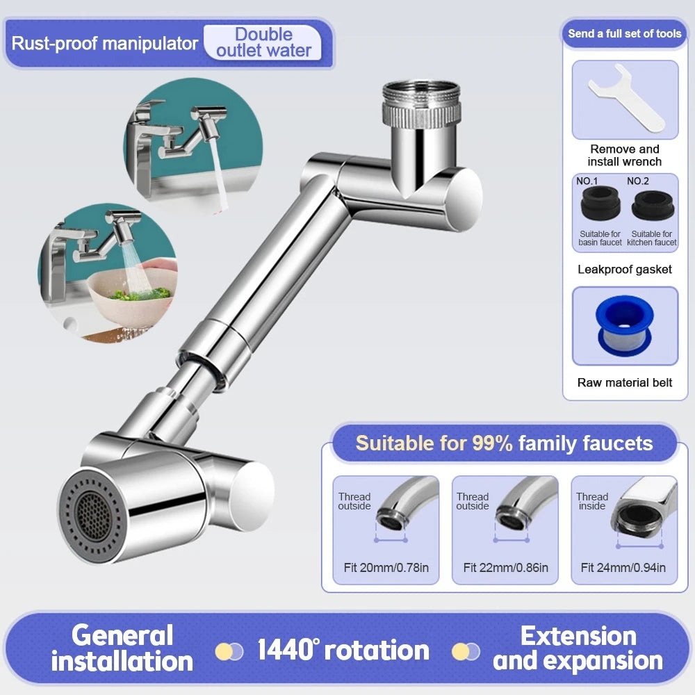1440° Rotatable Scalable Metal Faucet Bathroom Tap Splash-proof Bubbler Kitchen Faucet Filter Nozzle Tap Saving Water Extender