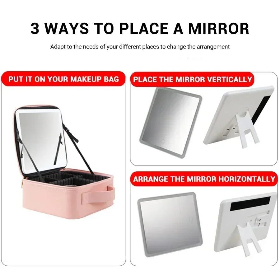 New LED Lighted Cosmetic Case With Mirror PU Leather Portable Travel Makeup Storage Bags Waterproof Travel Makeup Bag
