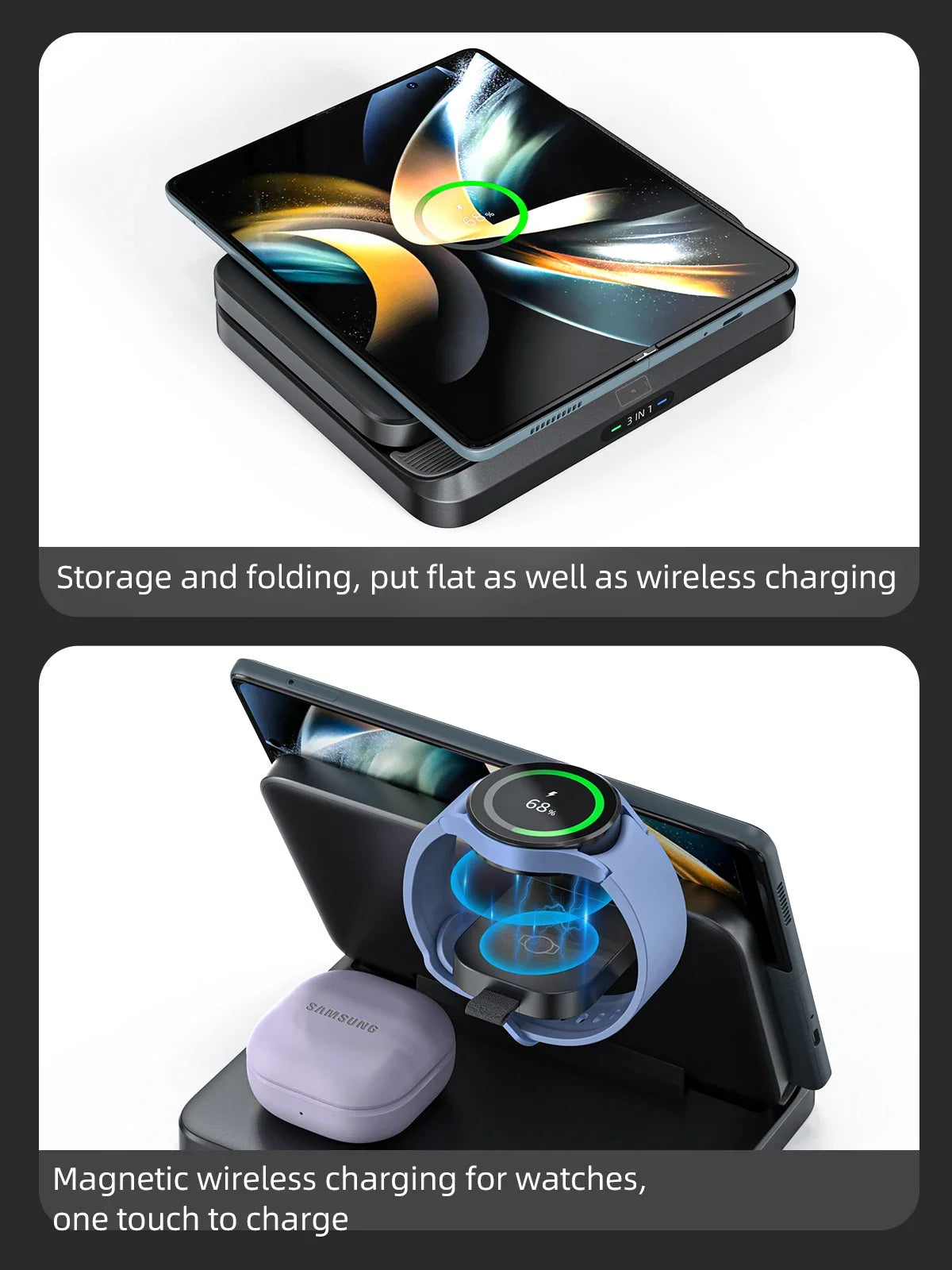 3 in 1 Wireless Charger Stand For Samsung Z Fold Zflip5 S24 S23 Ultra Galaxy Watch 6 5 Buds2 Foldable Fast Charging Dock Station