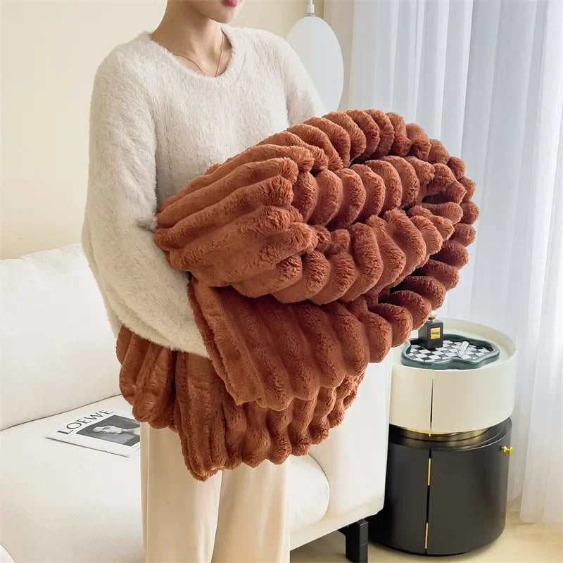 Ultra Soft Faux Rabbit Fur Throw Blanket Warm Plush Striped Blankets Conditioning Quilt Fluffy Throws for Couch Chair Sofa