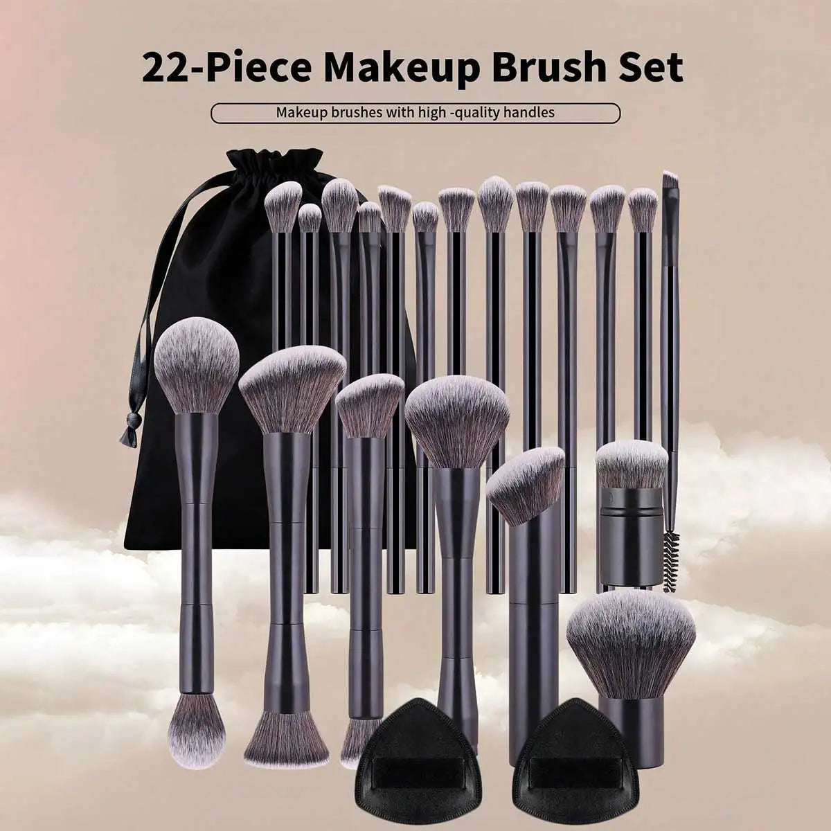 22pcs Professional Makeup Tools Set With Velvet Bag,20pcs Soft Long Aluminum Tube Makeup Brush Set+2pcs Powder Puffs Accessories