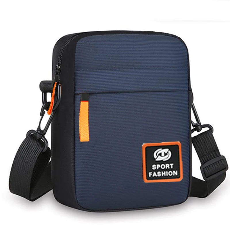 Men's single-shoulder cross-body bag with multi-layer zippers, trendy color contrast, and casual messenger style bag