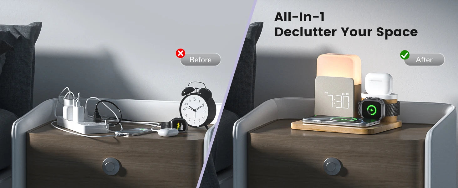 7-in-1 MagSafe Alarm Clock Charger-Wireless Station for iPhone 12-16/Samsung/Xiaomi/Huawei/Apple Watch/AirPods with Night Light