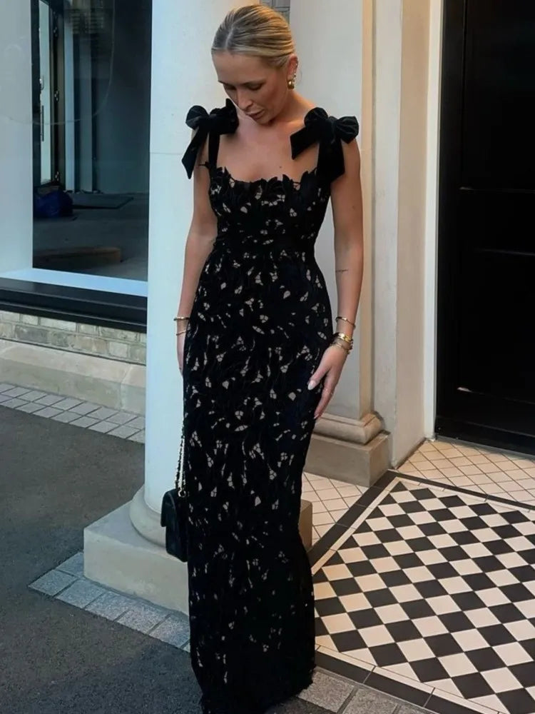 Lace Crochet Bow Slip Dress Hollow Out Slim Fit Club Party Gown Robes Sexy Backless Women Vacation Beach Suspender Long Dresses