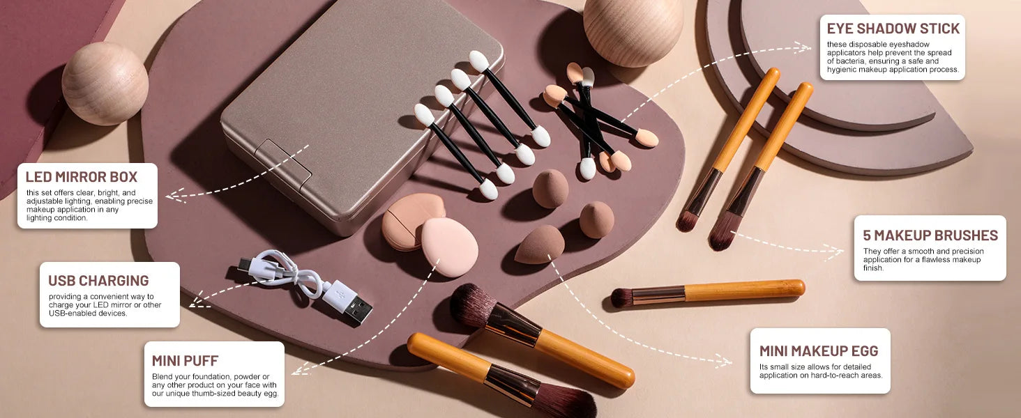 Travel Makeup Brush Set Small Portable With LED mirror and 14 pcs Makeup Brushes For Women Beauty Makeup Kit And Storage Box