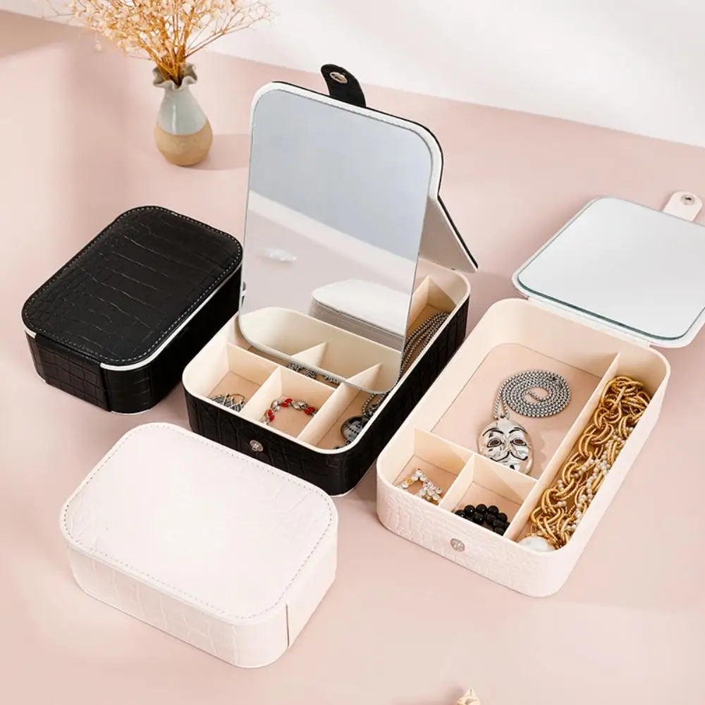 Jewelry Box,PU Leather Jewelry Box With Mirror,Girls Travel Essential Makeup Storage Box,Ring Necklace Earring Pouch