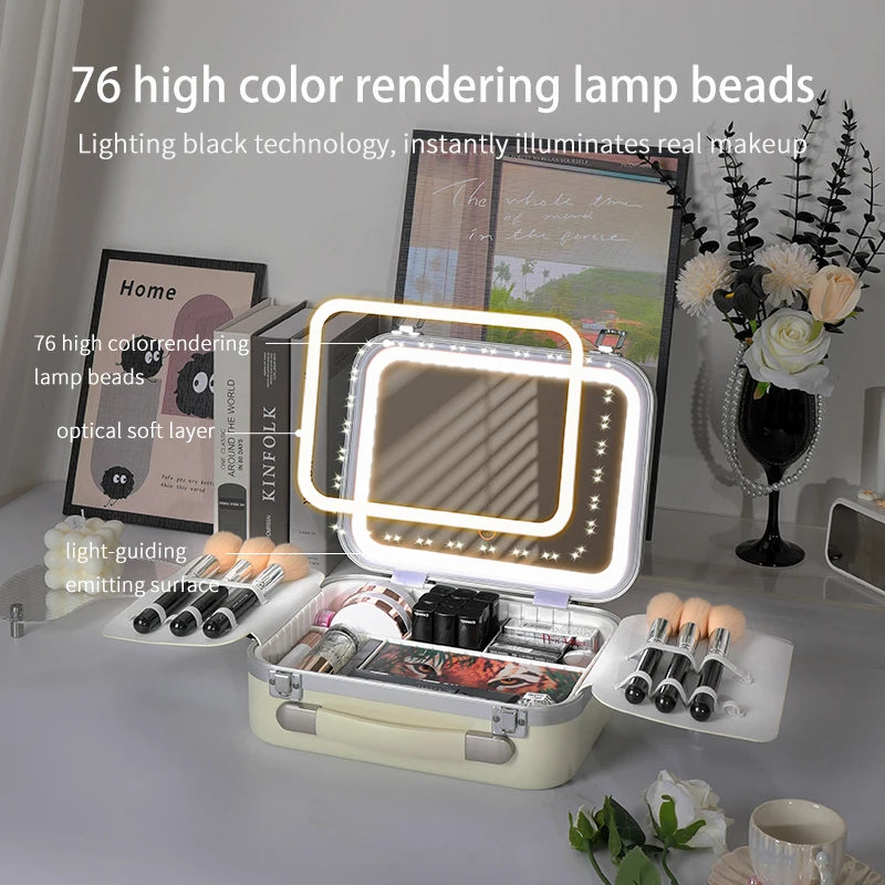 Portable Makeup Organizer Box with LED Light & Mirror – Travel-Friendly Cosmetic Train Case for Brushes box