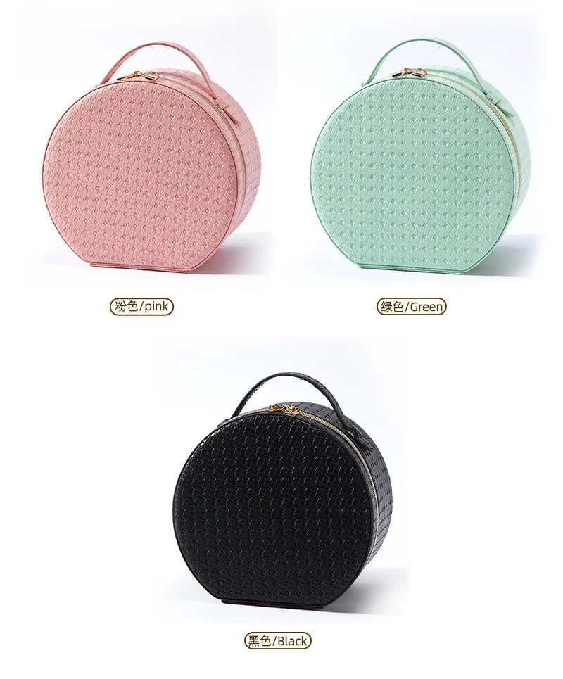 Waterproof Round Vanity Case with LED Light Mirror - Large Capacity, Portable Cosmetic Organizer Bag for Business Trips & Travel