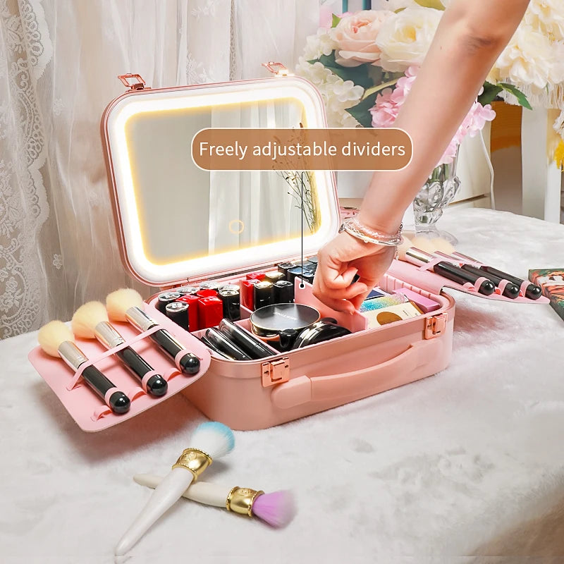 Portable Makeup Organizer Box with LED Light & Mirror – Travel-Friendly Cosmetic Train Case for Brushes box