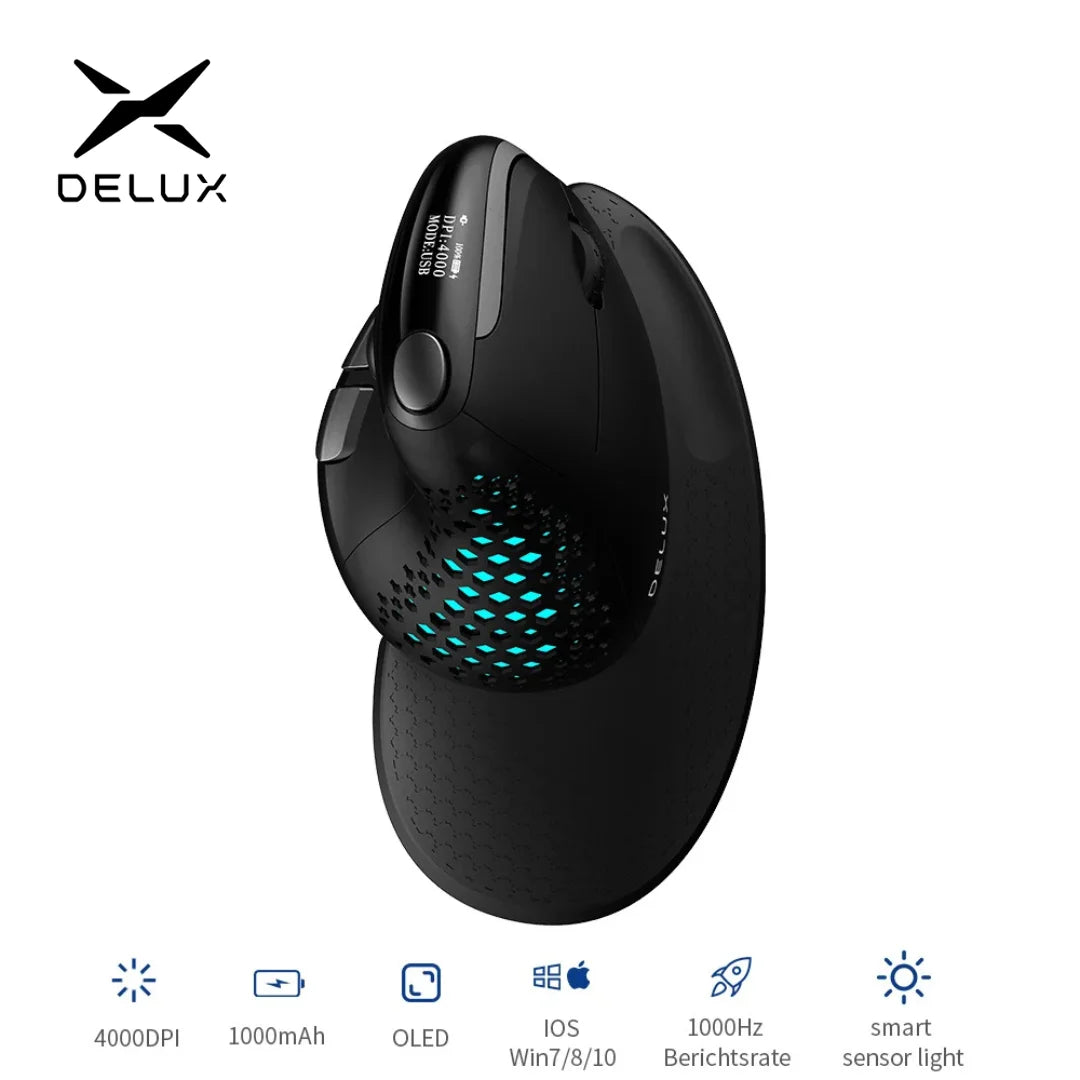 Delux Seeker M618XSD Ergonomic Vertical Mouse OLED Screen USB Wireless+BT 5.0 Rechargeable 1000hz Berichtsrate For PC Laptop