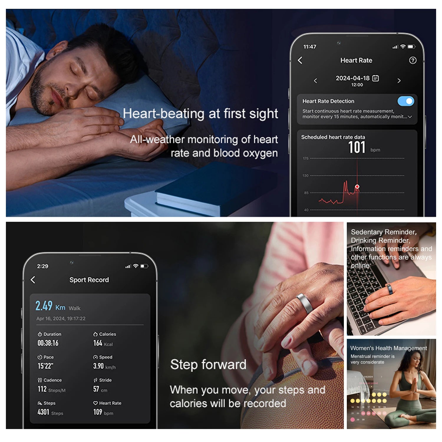 Uhoofit R10 Smart Ring with Charging Case Men Women Health Heart Rate Sleep Monitor IP68 & 5ATM Waterproof Multi-sport Mode