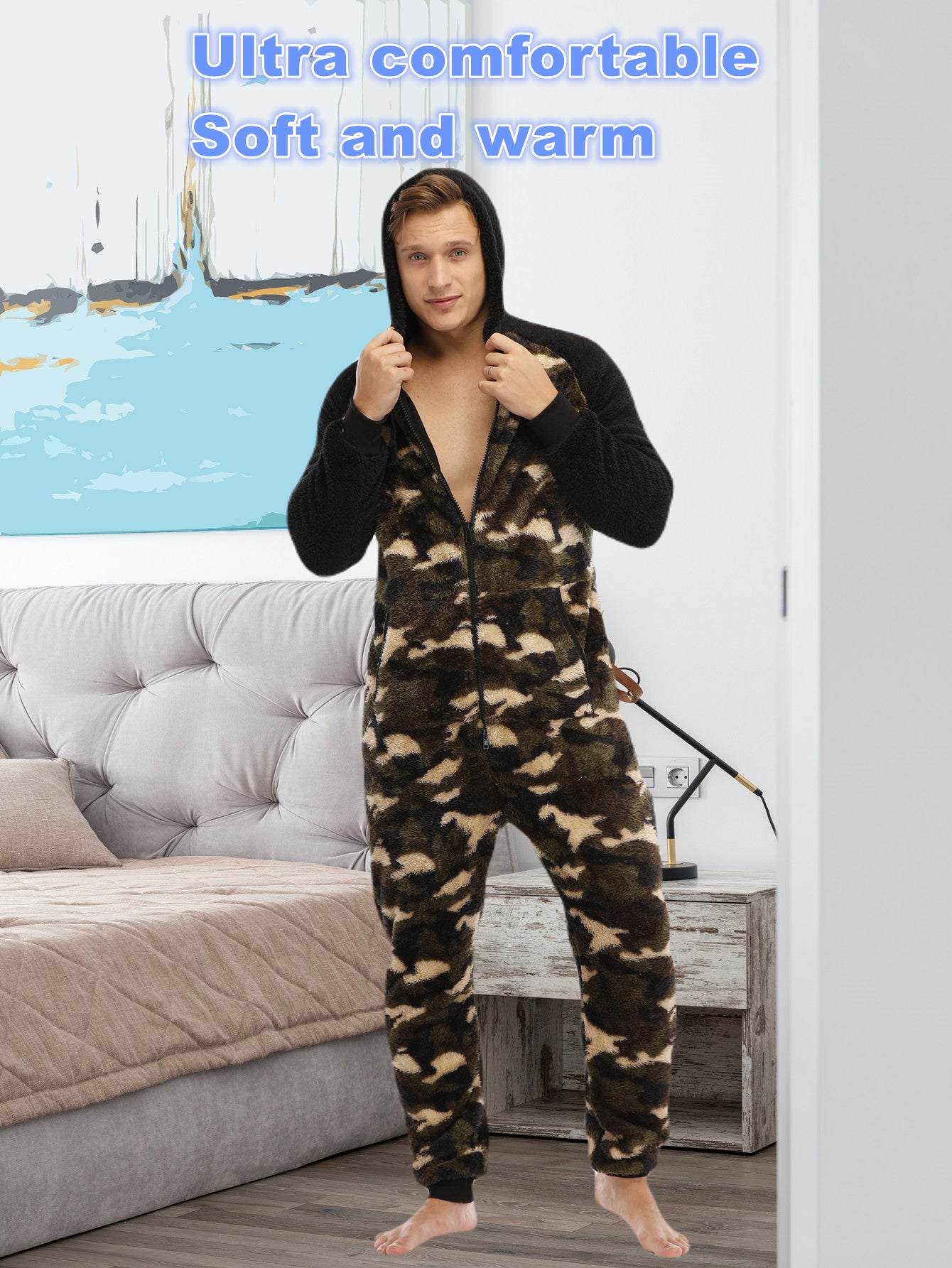 Men'S Heavy-Duty Full-Zip Hooded Onesie - Long Sleeve Winter Sleepwear, Thermal Insulated Lounge suit with Drawstring Hood, Loose Fit Onesie for Cold Weather, Christmas Costume & Everyday Indoor/Outdoor Use - Easy Zipper Clos