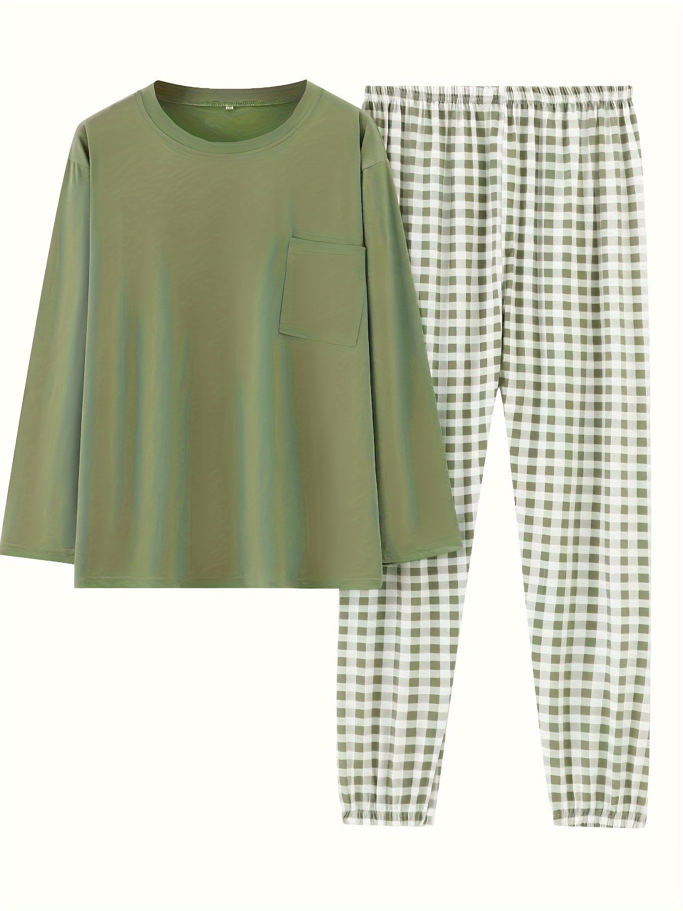 Women'S Plus Size Pink Plaid Pajama Set - Casual Long Sleeve and Pants Loungewear with Pockets, Stretchy Polyester Fabric, Perfect for Spring & Fall, Plus Size Loungewear | Checkered Pattern | Polyester Fabric, Loungewear Paj