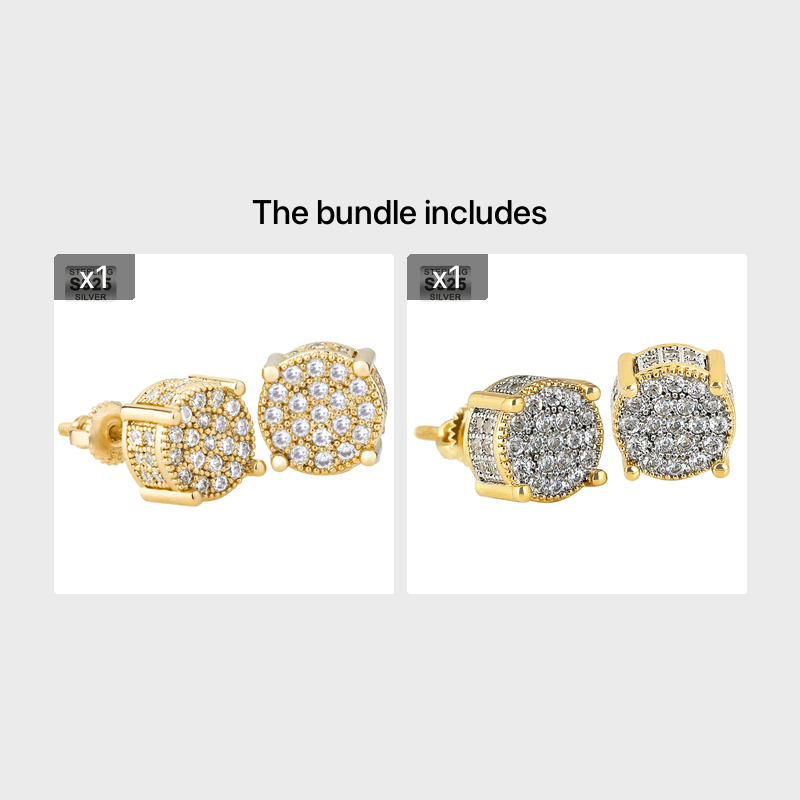 Set of 2 S925 Silvery Hip-Hop Men'S Earrings Featuring Synthetic Zirconia with Micro-Setting And Color Plating in a Round Design.