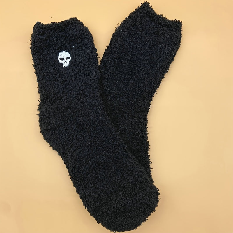 Warm & Fuzzy Embroidered Cartoon Socks, Warm Coral Fleece Socks For Winter, Women's Stocking & Hosiery