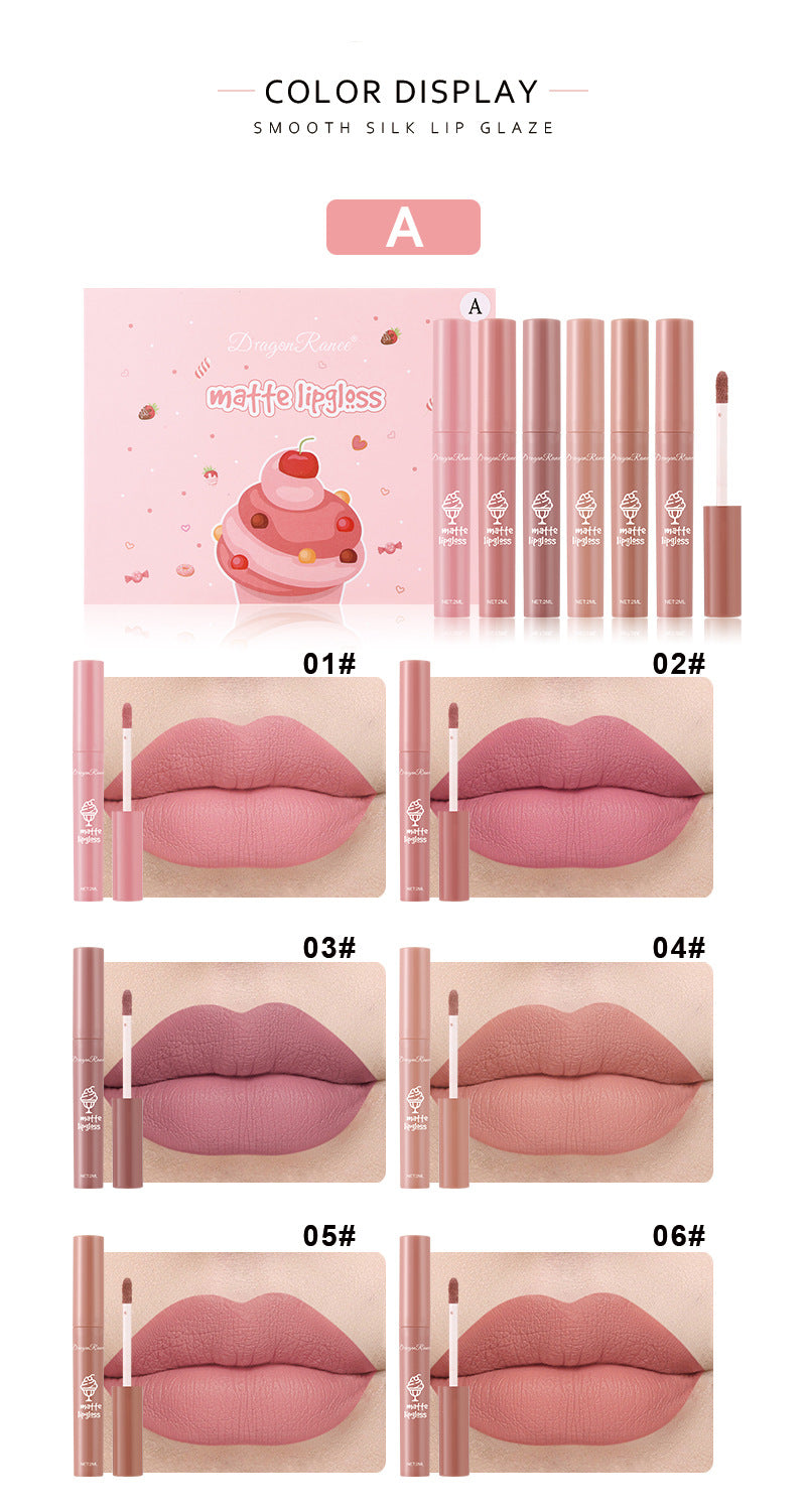 6 Pcs Long Lasting Waterproof Lip Glaze Lipstick 6 Sets Non Stick Cup Nude Skin Color Lip Gloss Cute Set Box