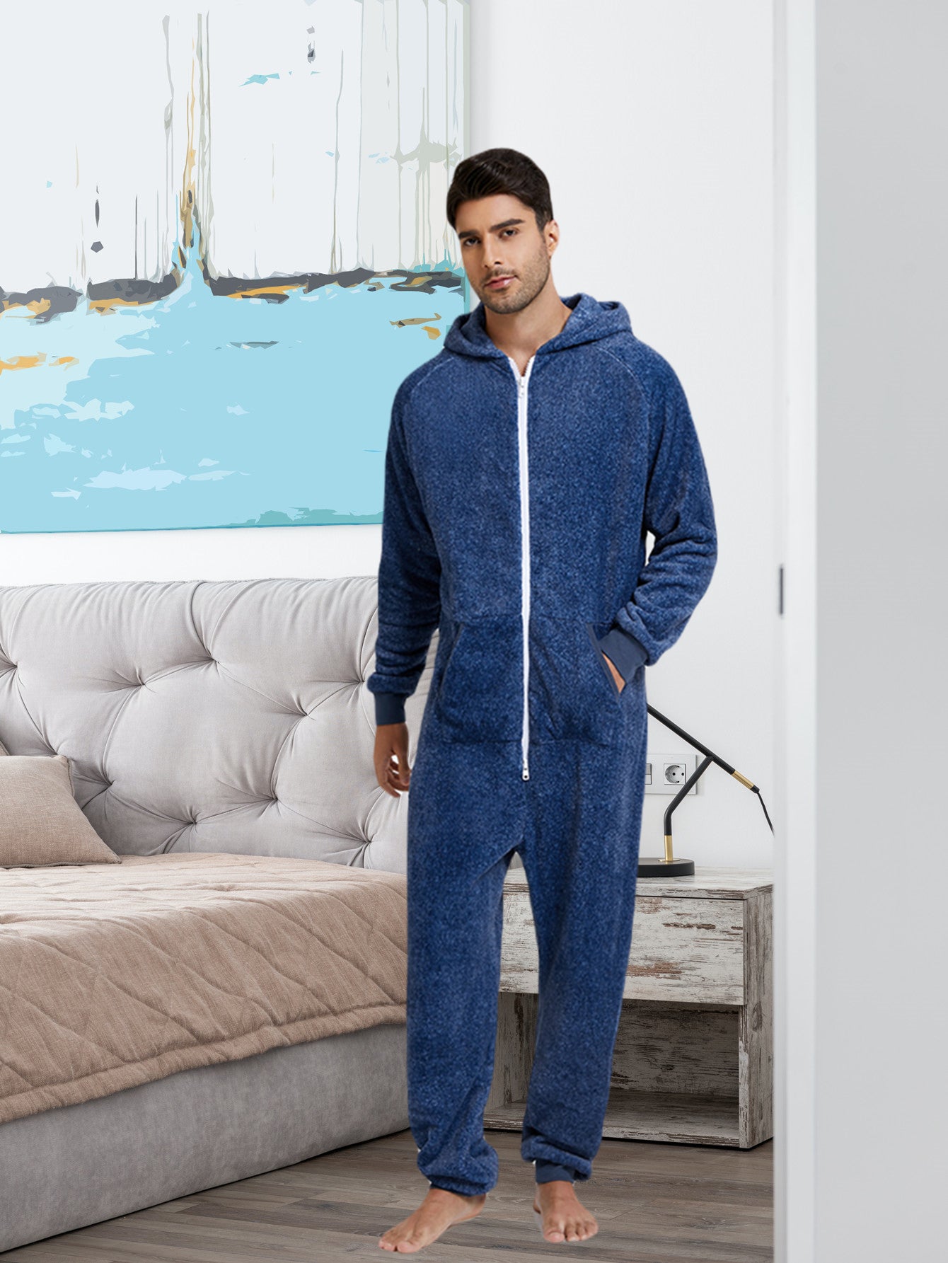 Men'S Heavy-Duty Full-Zip Hooded Onesie - Long Sleeve Winter Sleepwear, Thermal Insulated Lounge suit with Drawstring Hood, Loose Fit Onesie for Cold Weather, Christmas Costume & Everyday Indoor/Outdoor Use - Easy Zipper Clos