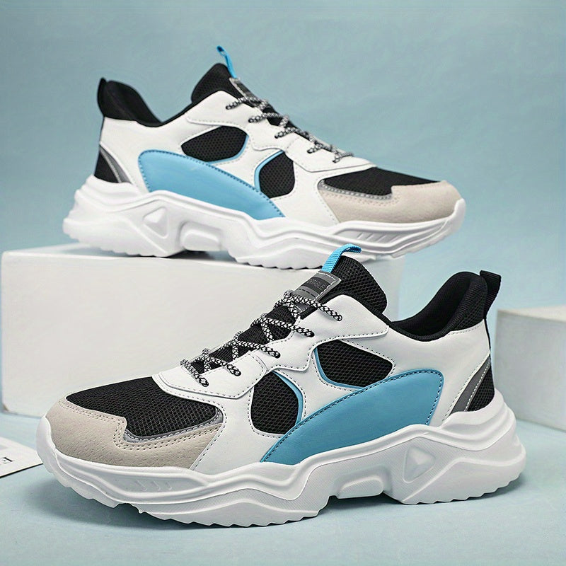 Men's Breathable Mesh Chunky Sneakers - White & Teal Casual Sneakers with EVA Sole, Lace-Up Design for All Seasons