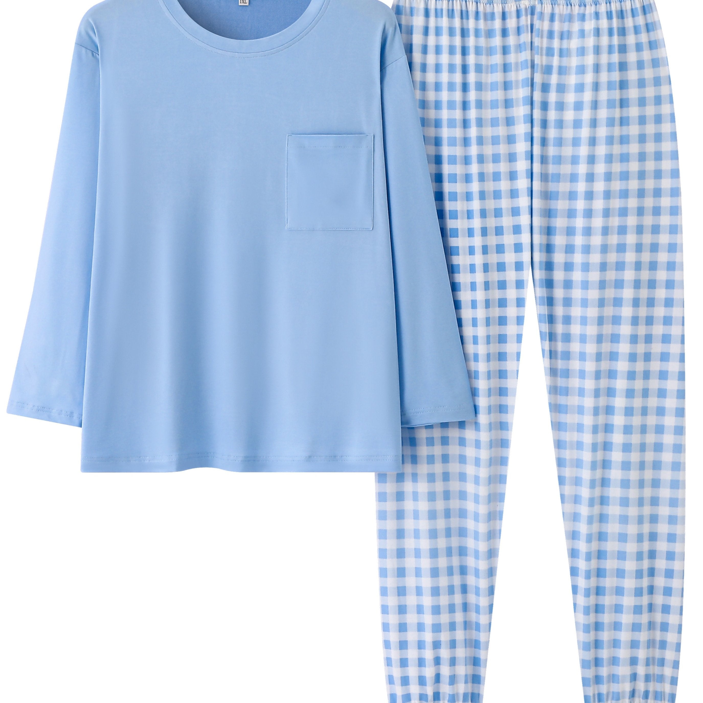 Women'S Plus Size Pink Plaid Pajama Set - Casual Long Sleeve and Pants Loungewear with Pockets, Stretchy Polyester Fabric, Perfect for Spring & Fall, Plus Size Loungewear | Checkered Pattern | Polyester Fabric, Loungewear Paj