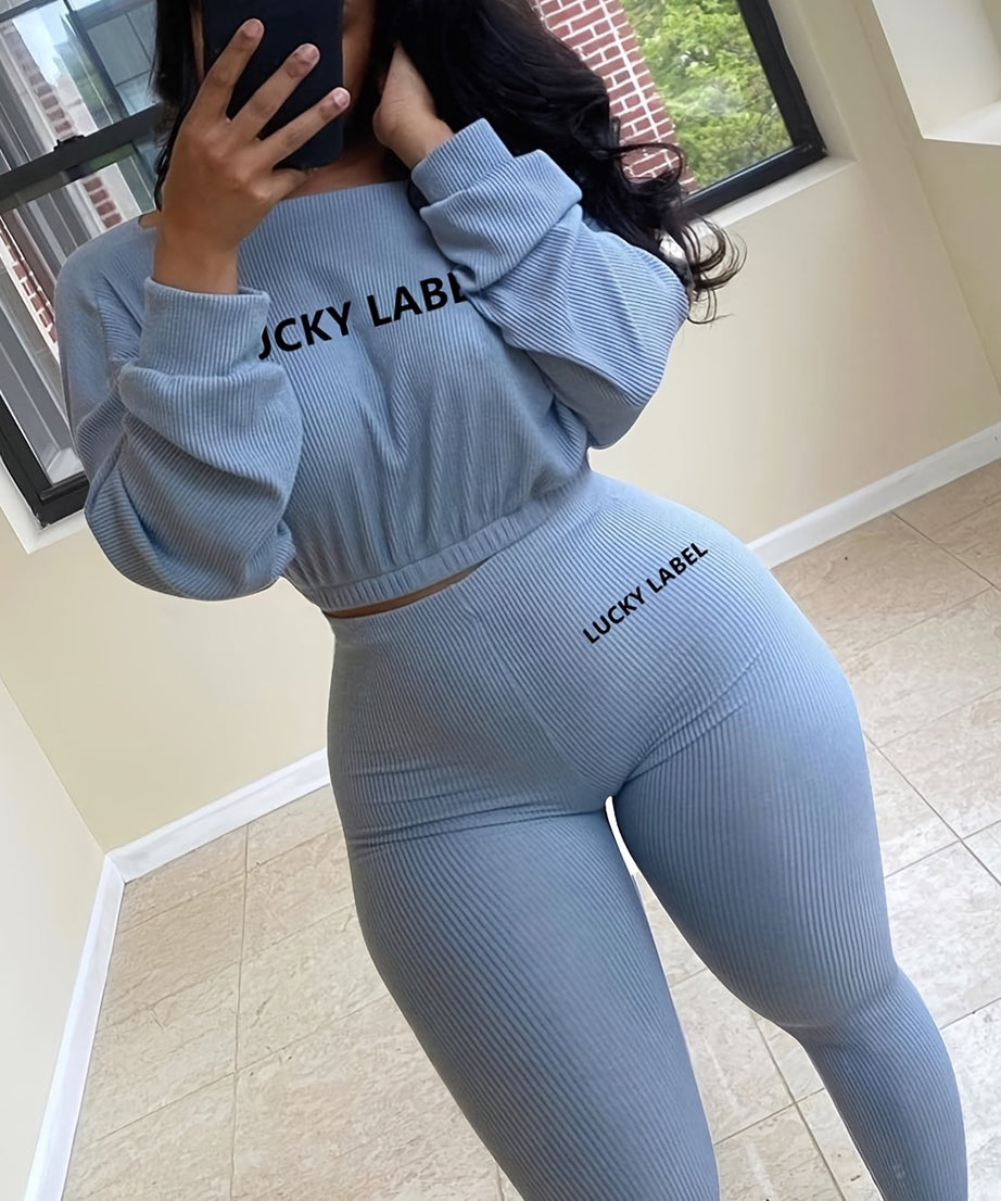 [Women's Sweatshirt Set] Letter Embroidery Women's Two Piece Ribbed s Fall Spring Long Sleeve Sweatshirt and Skinny Pants Set