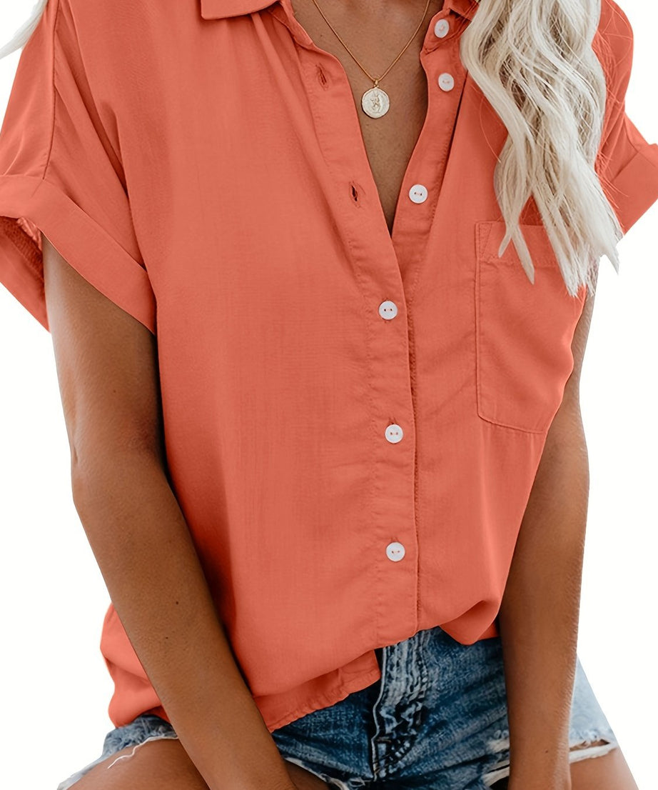 [Casual Shirt] Casual Summer Women's Short Sleeve V-Neck Button-Up Shirt with Pockets - Light Gray | Vacation Clothing, Glossy Texture