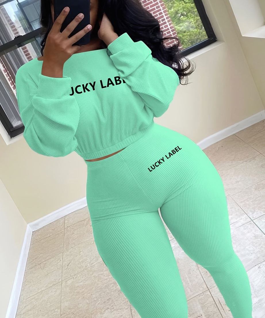 [Women's Sweatshirt Set] Letter Embroidery Women's Two Piece Ribbed s Fall Spring Long Sleeve Sweatshirt and Skinny Pants Set