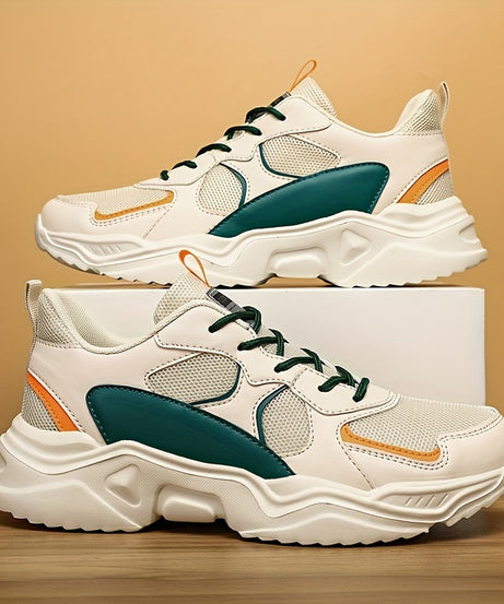 Men's Breathable Mesh Chunky Sneakers - White & Teal Casual Sneakers with EVA Sole, Lace-Up Design for All Seasons