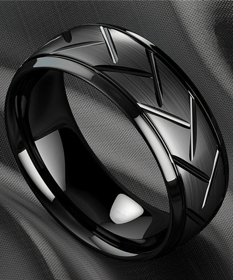 1pc 8MM Luxury High Quality Black Titanium Steel Ring Fashion Simple Men's Black Stainless Steel Wire Groove Tire Ring Artificial Jewelry Lover Gift