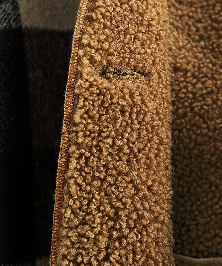 Boys' Long Sleeve Plaid Fleece-Lined Jacket with Button Front & Pockets - Cozy Fall/Winter Warmth, Casual Cardigan Collar, Brown/ Tartan Pattern, Machine Washable For Outdoor Play & Casual Attire, Winter Jacket For Boys, Fall