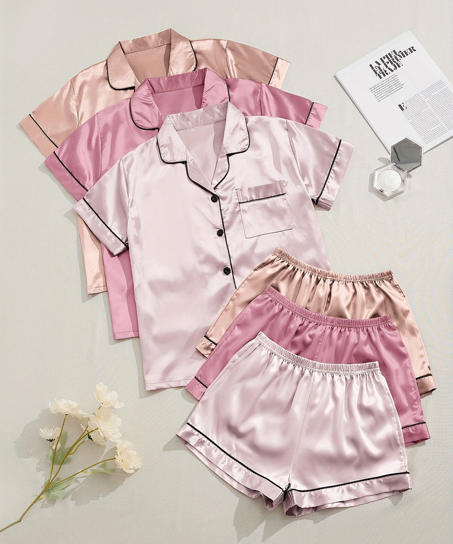 3 Sets Satin Pajama Set, Short Sleeve Lapel Top & Elastic Waistband Shorts, Women's Sleepwear & Loungewear
