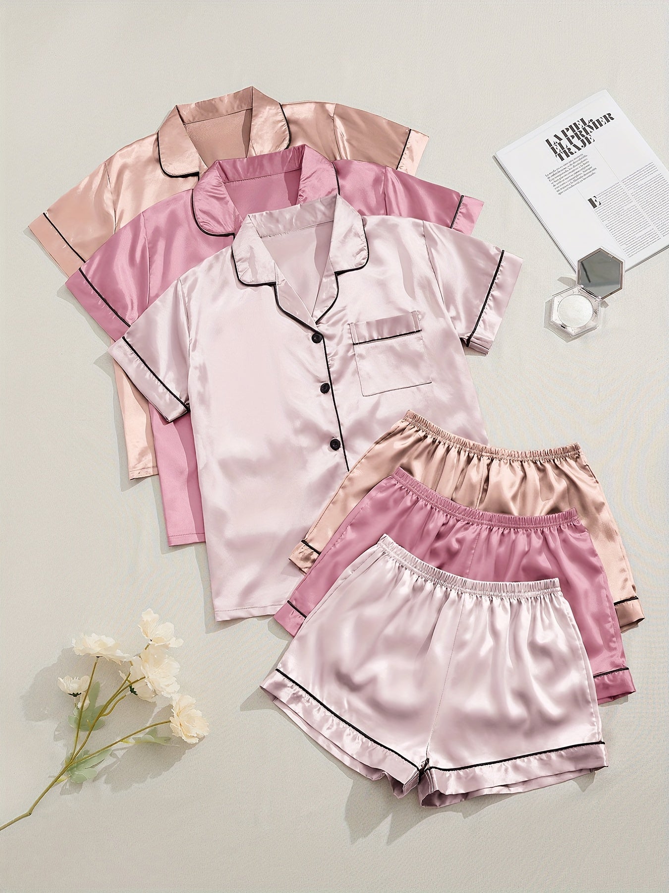 3 Sets Satin Pajama Set, Short Sleeve Lapel Top & Elastic Waistband Shorts, Women's Sleepwear & Loungewear