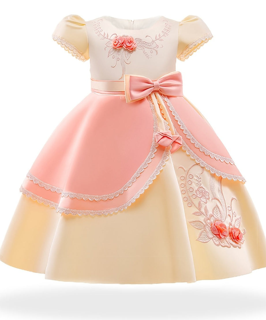 Girls Princess Dress Short Sleeve Embroidered Flower Bow Lace Dress Performance Dress Wedding Flower Girls For Evening Birthday Party Kids Clothes