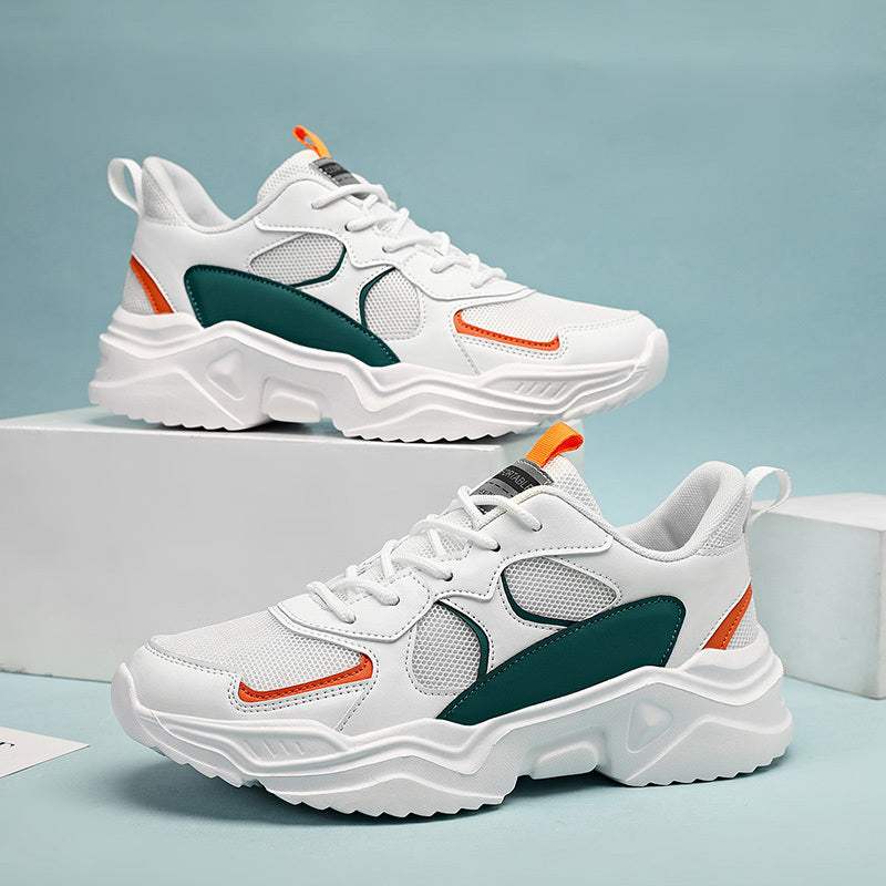 Men's Breathable Mesh Chunky Sneakers - White & Teal Casual Sneakers with EVA Sole, Lace-Up Design for All Seasons