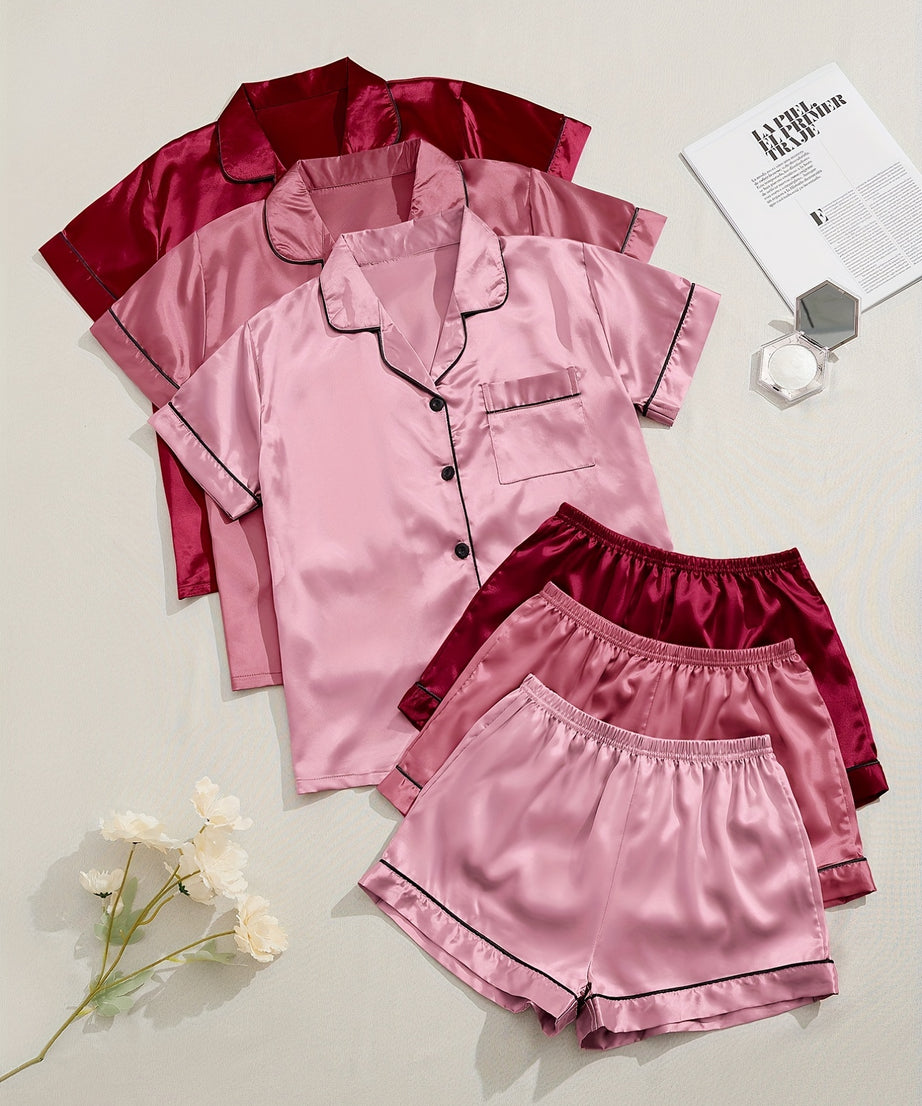 3 Sets Satin Pajama Set, Short Sleeve Lapel Top & Elastic Waistband Shorts, Women's Sleepwear & Loungewear