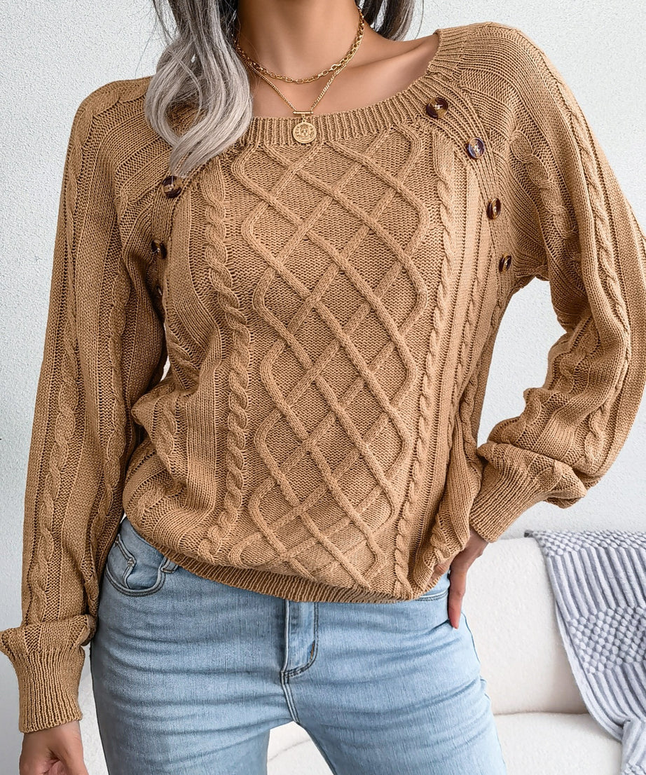 [Texture Lantern Sleeve Sweater] Round Neck Texture Lantern Sleeve Women's Sweater - Button Sweater