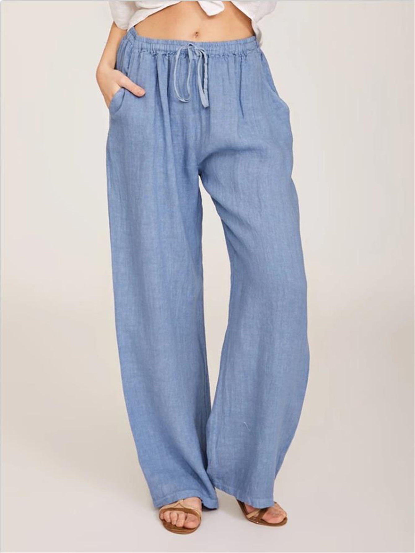 [Casual Pants] Casual Drawstring Wide Leg Pants | Solid Loose Palazzo Pants, Women's Clothing