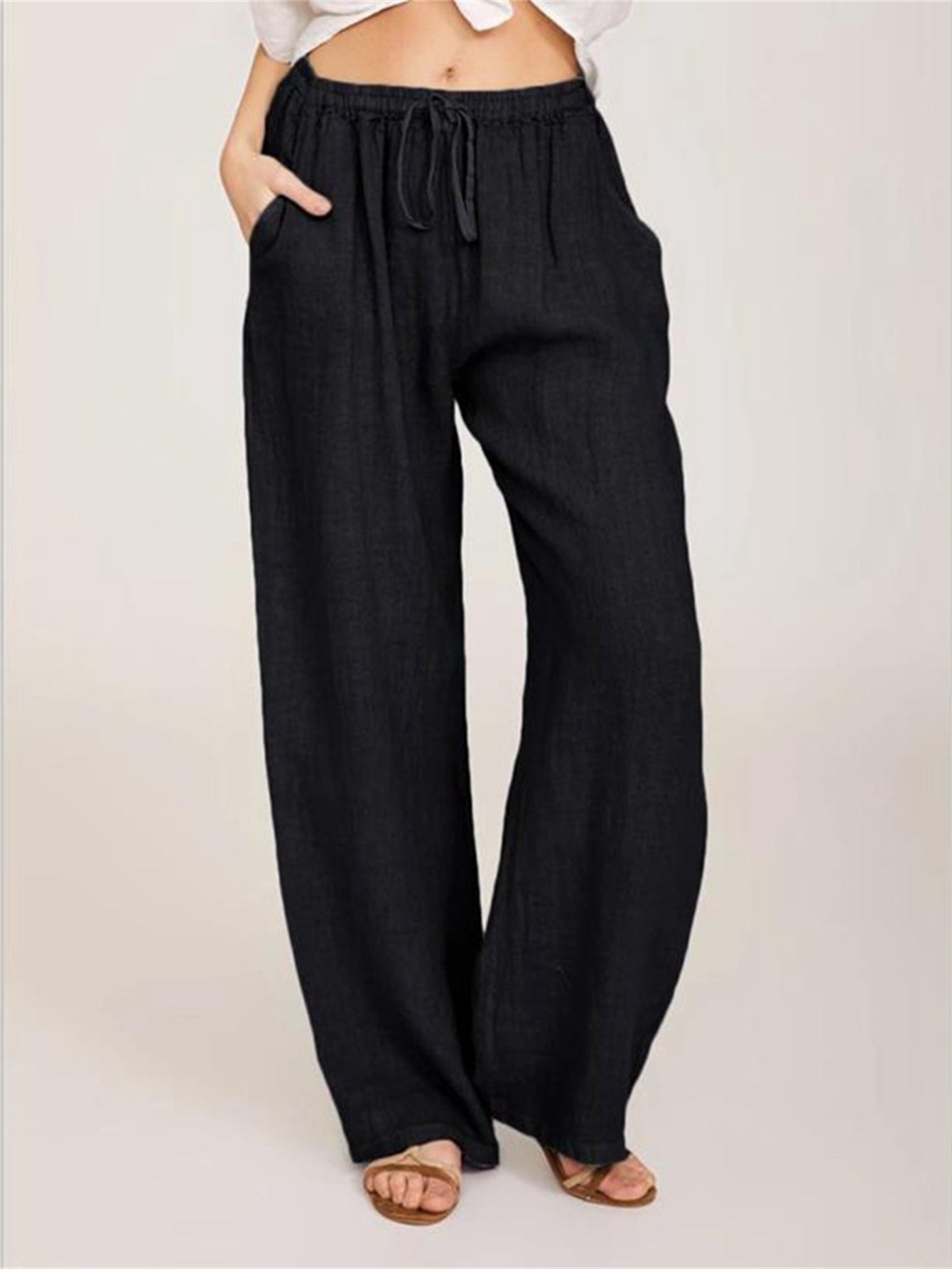 [Casual Pants] Casual Drawstring Wide Leg Pants | Solid Loose Palazzo Pants, Women's Clothing