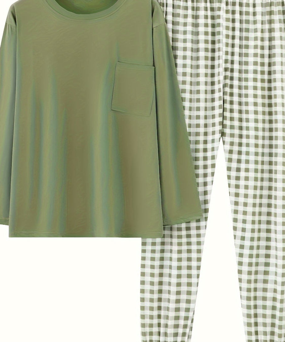 Women'S Plus Size Pink Plaid Pajama Set - Casual Long Sleeve and Pants Loungewear with Pockets, Stretchy Polyester Fabric, Perfect for Spring & Fall, Plus Size Loungewear | Checkered Pattern | Polyester Fabric, Loungewear Paj