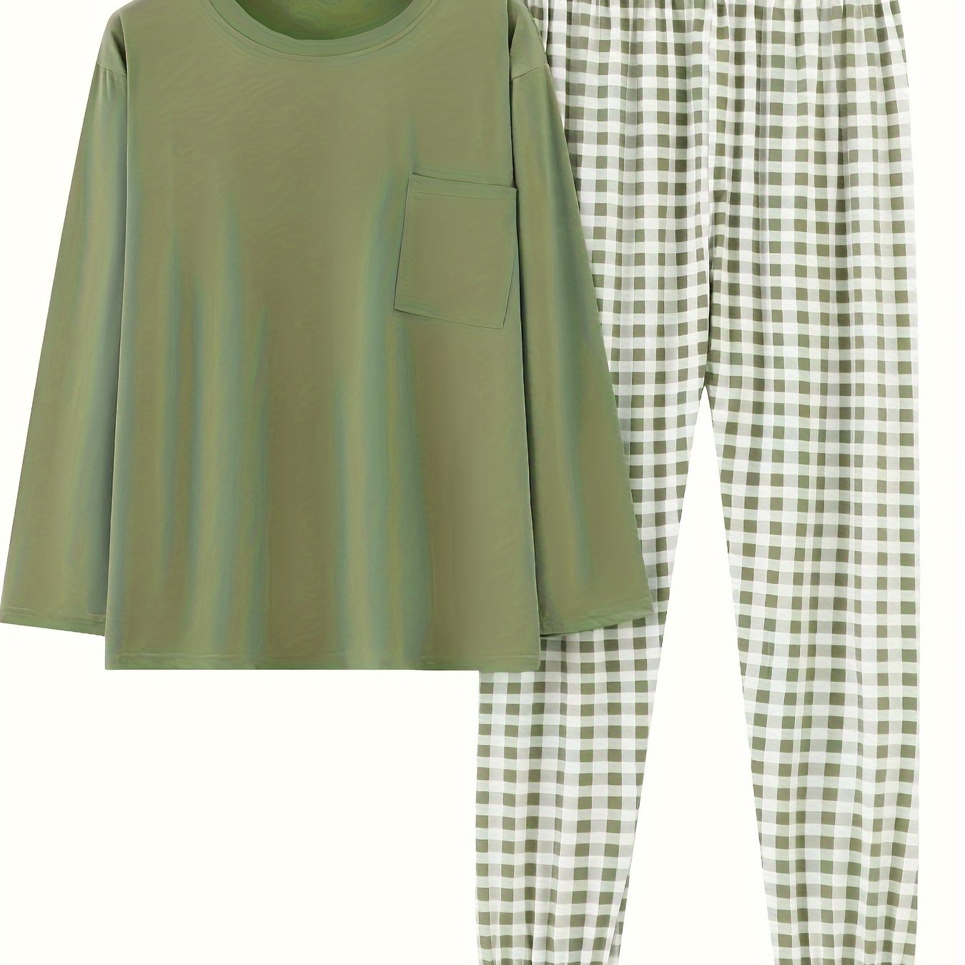 Women'S Plus Size Pink Plaid Pajama Set - Casual Long Sleeve and Pants Loungewear with Pockets, Stretchy Polyester Fabric, Perfect for Spring & Fall, Plus Size Loungewear | Checkered Pattern | Polyester Fabric, Loungewear Paj