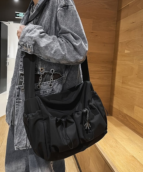 Drawstring Detail Crossbody Bag, Large Capacity Shoulder Bag, Fashion Zipper Bag With Bag Charm