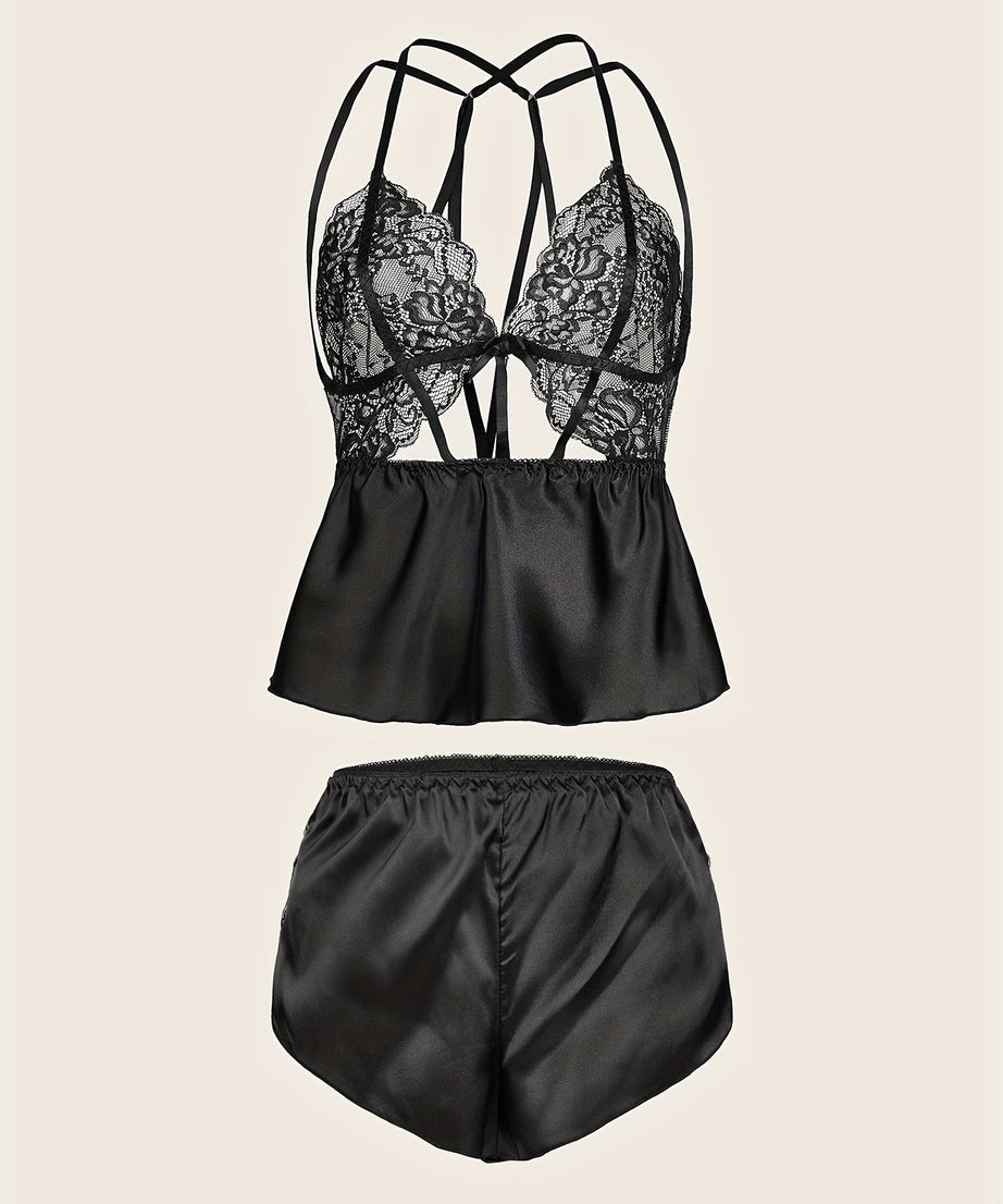 Y383 European Style Sexy Lace Color Patchwork Beautiful Back Pajama Set