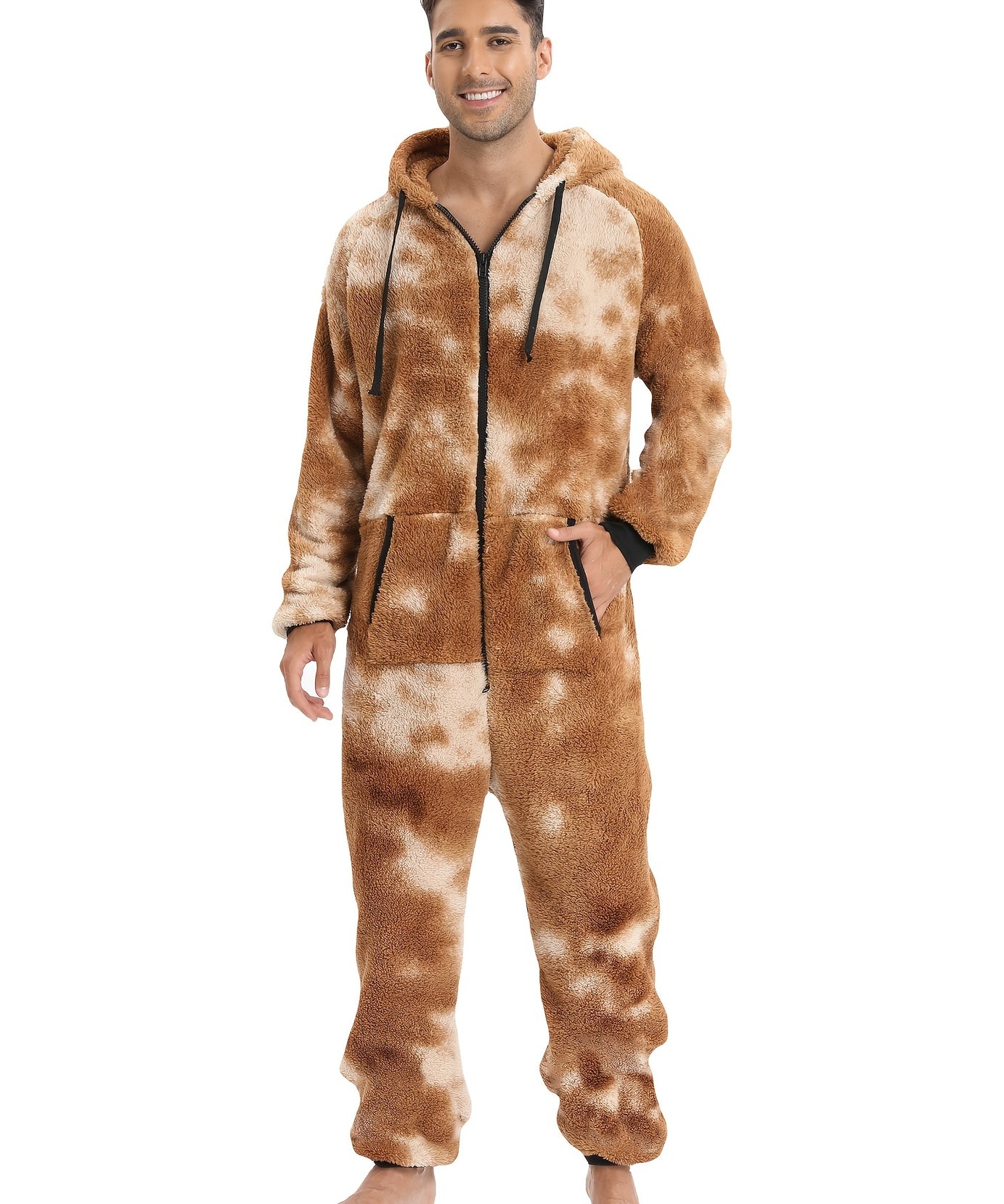 Men'S Heavy-Duty Full-Zip Hooded Onesie - Long Sleeve Winter Sleepwear, Thermal Insulated Lounge suit with Drawstring Hood, Loose Fit Onesie for Cold Weather, Christmas Costume & Everyday Indoor/Outdoor Use - Easy Zipper Clos