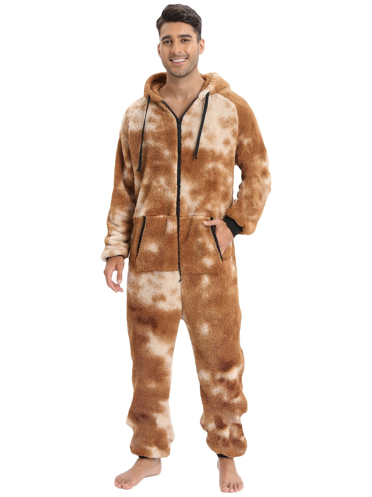 Men'S Heavy-Duty Full-Zip Hooded Onesie - Long Sleeve Winter Sleepwear, Thermal Insulated Lounge suit with Drawstring Hood, Loose Fit Onesie for Cold Weather, Christmas Costume & Everyday Indoor/Outdoor Use - Easy Zipper Clos