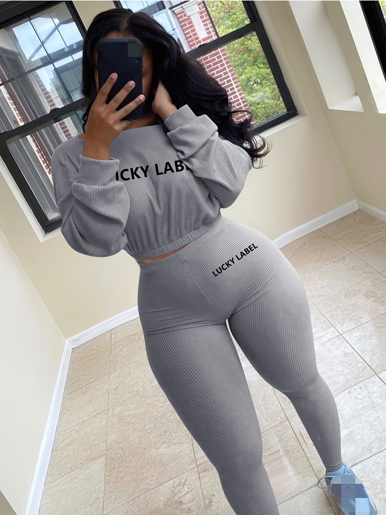 [Women's Sweatshirt Set] Letter Embroidery Women's Two Piece Ribbed s Fall Spring Long Sleeve Sweatshirt and Skinny Pants Set