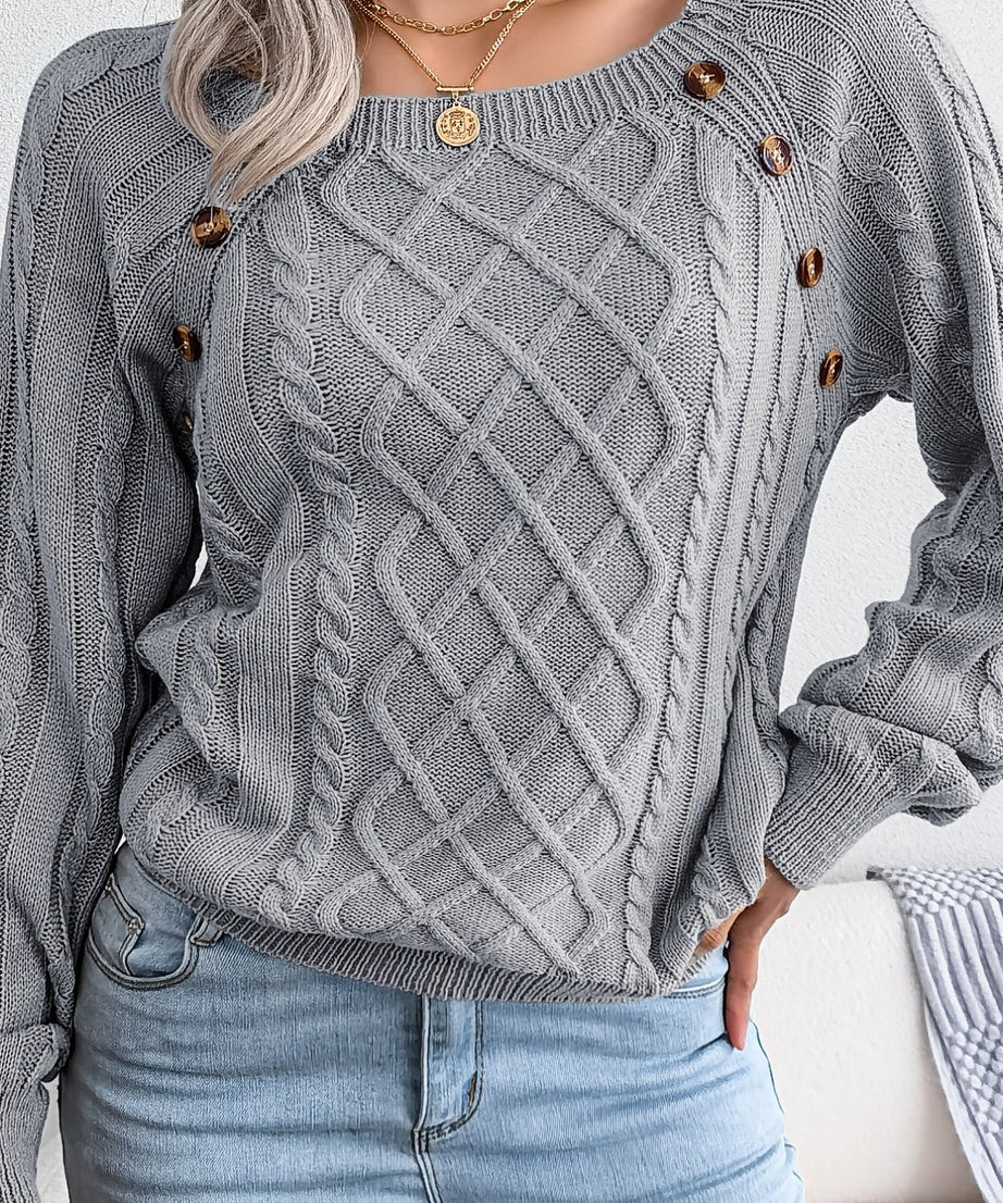 [Texture Lantern Sleeve Sweater] Round Neck Texture Lantern Sleeve Women's Sweater - Button Sweater